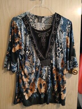 APPOINTMENTS WOMEN'S SIZE EXTRA LARGE BLUE & TAN FLORAL BLOUSE WITH SEQUINS